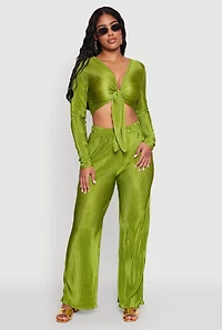 Womens Plisse Tie Front Crop Top, M