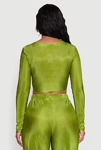 Womens Plisse Tie Front Crop Top, M