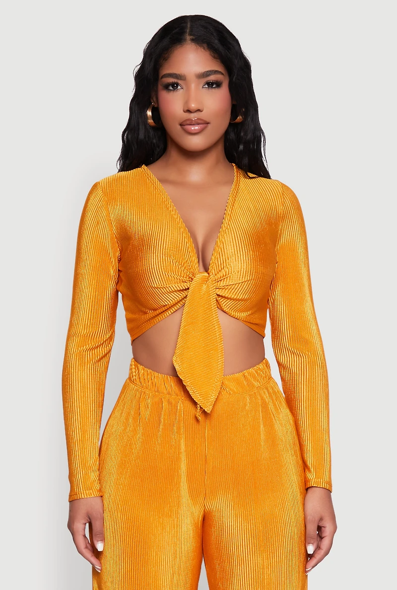 Womens Plisse Tie Front Crop Top, Yellow, Size L