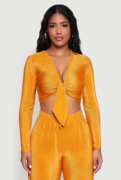 Womens Plisse Tie Front Crop Top, Yellow, Size L