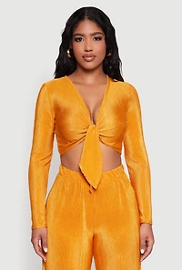 Womens Plisse Tie Front Crop Top, Yellow, Size L