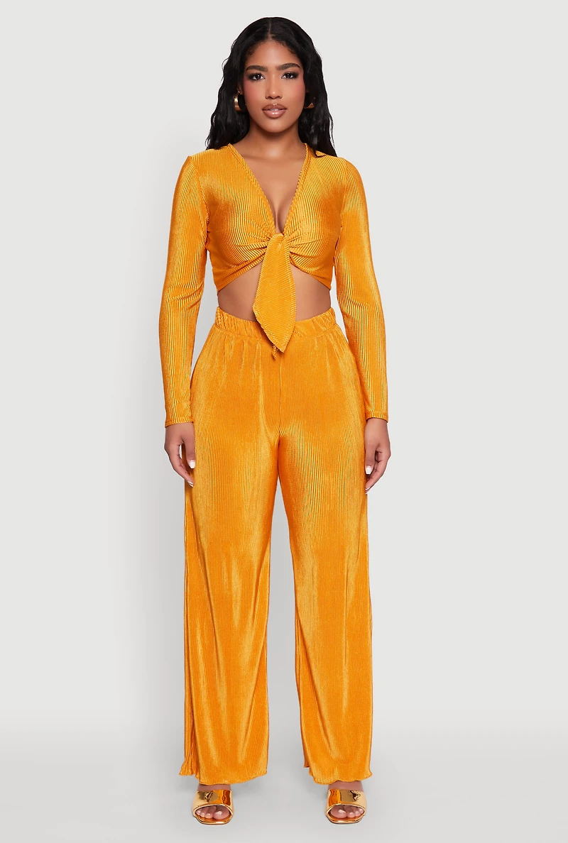 Womens Plisse Tie Front Crop Top, Yellow, Size L