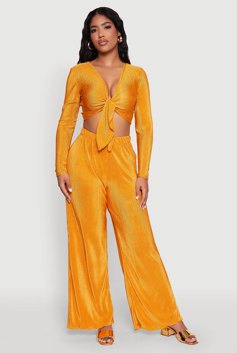 Womens Plisse Tie Front Crop Top, Yellow, Size L