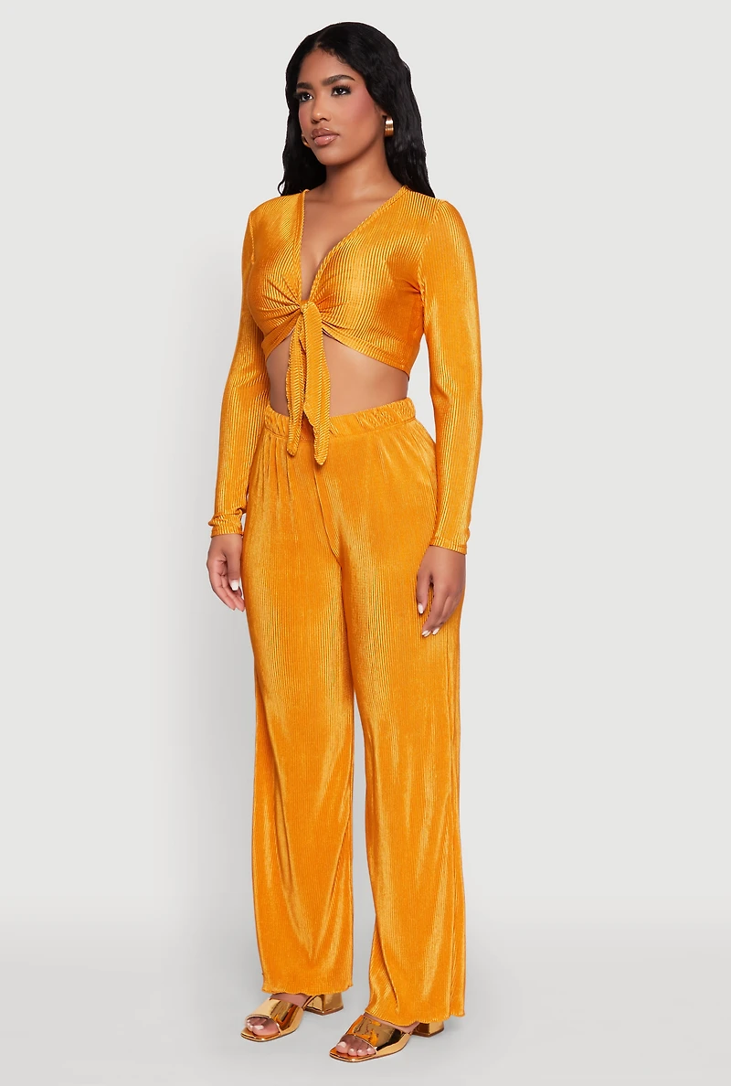 Womens Plisse Tie Front Crop Top, Yellow, Size L