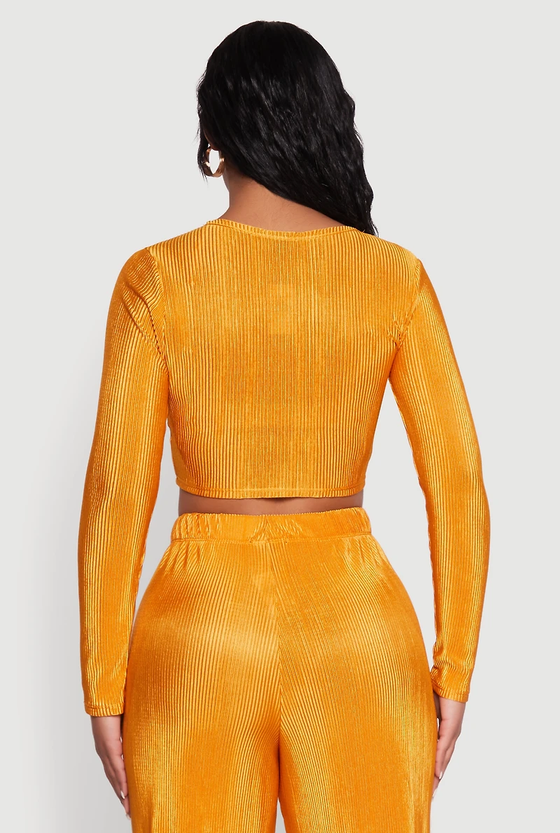 Womens Plisse Tie Front Crop Top, Yellow, Size L