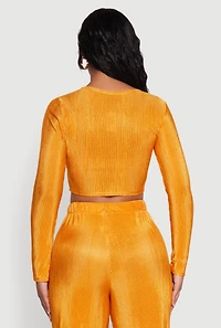 Womens Plisse Tie Front Crop Top, Yellow, Size L