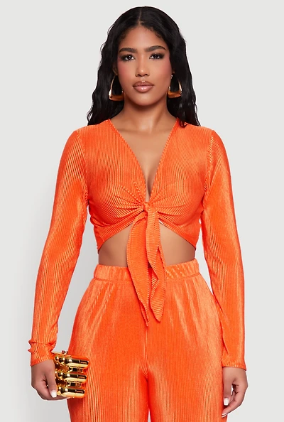 Womens Plisse Tie Front Crop Top,
