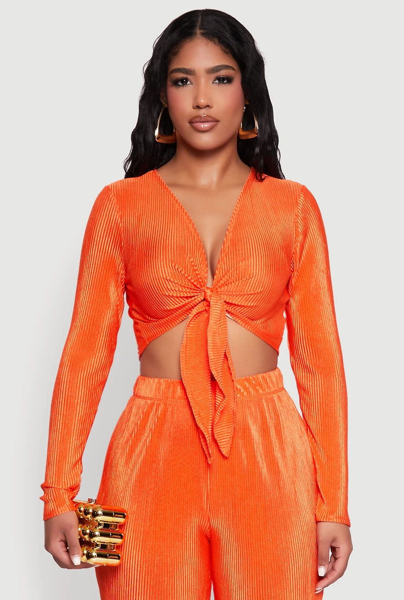Womens Plisse Tie Front Crop Top, S
