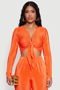 Womens Plisse Tie Front Crop Top, S