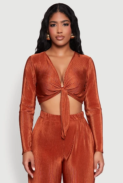 Womens Plisse Tie Front Crop Top, M