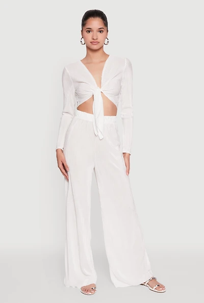 Womens Plisse Wide Leg Pants, White,