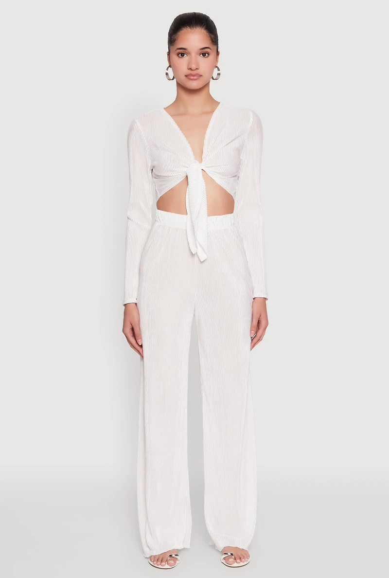 Womens Plisse Wide Leg Pants, White, Size M