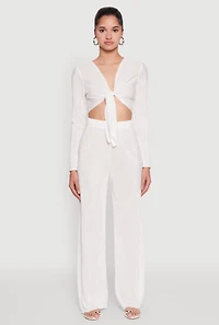 Womens Plisse Wide Leg Pants, White, Size M