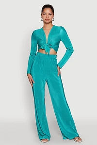 Womens Plisse Wide Leg Pants,