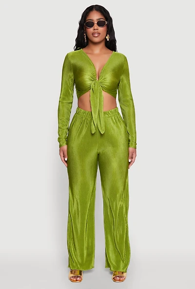 Womens Plisse Wide Leg Pants,
