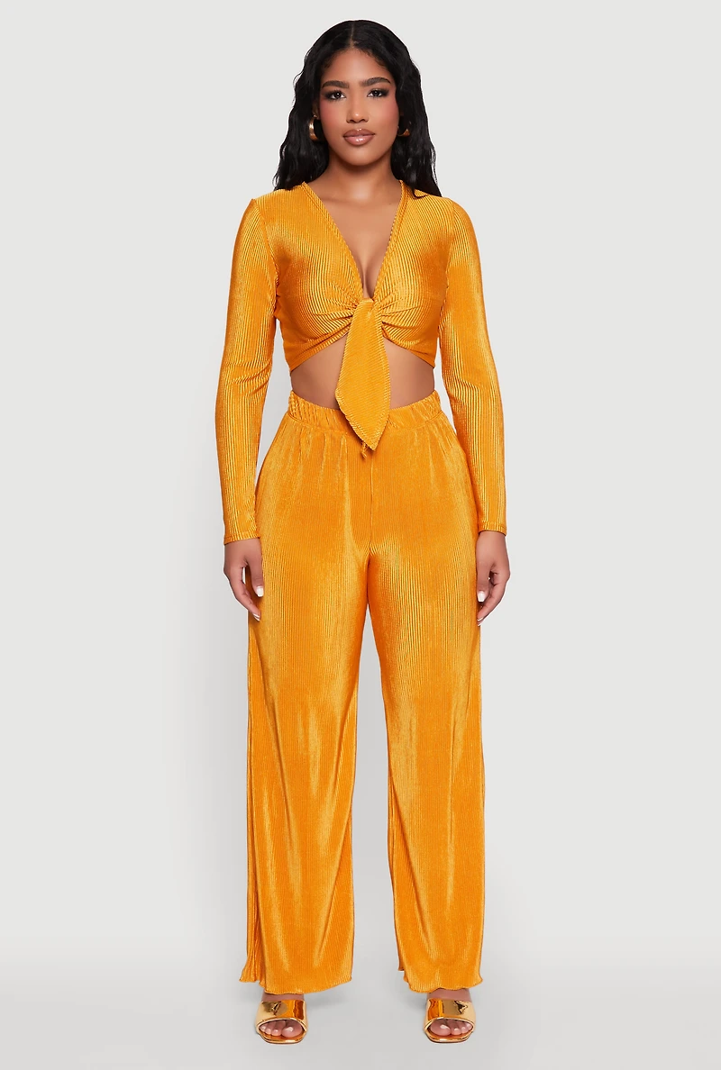 Womens Plisse Wide Leg Pants, Yellow, Size S