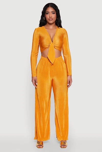 Womens Plisse Wide Leg Pants, Yellow, Size S