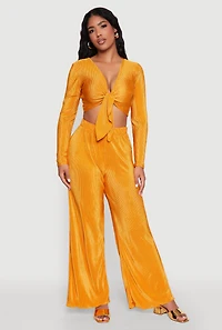 Womens Plisse Wide Leg Pants, Yellow, Size S