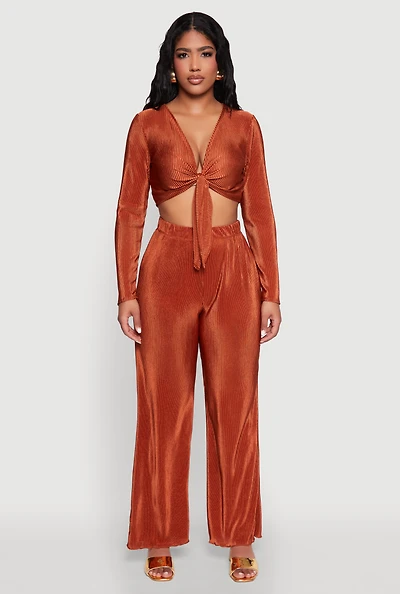 Womens Plisse Wide Leg Pants,