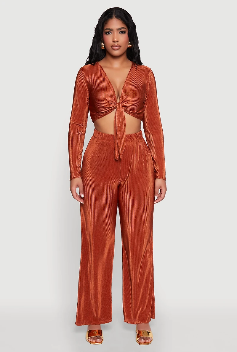 Womens Plisse Wide Leg Pants, Orange, Size L