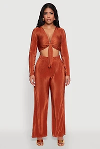 Womens Plisse Wide Leg Pants, Orange, Size L