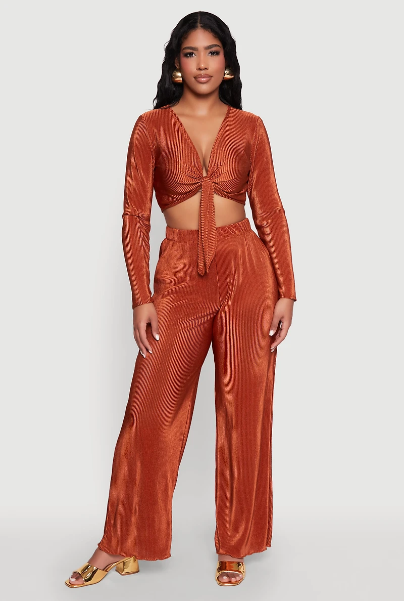 Womens Plisse Wide Leg Pants, Orange, Size L