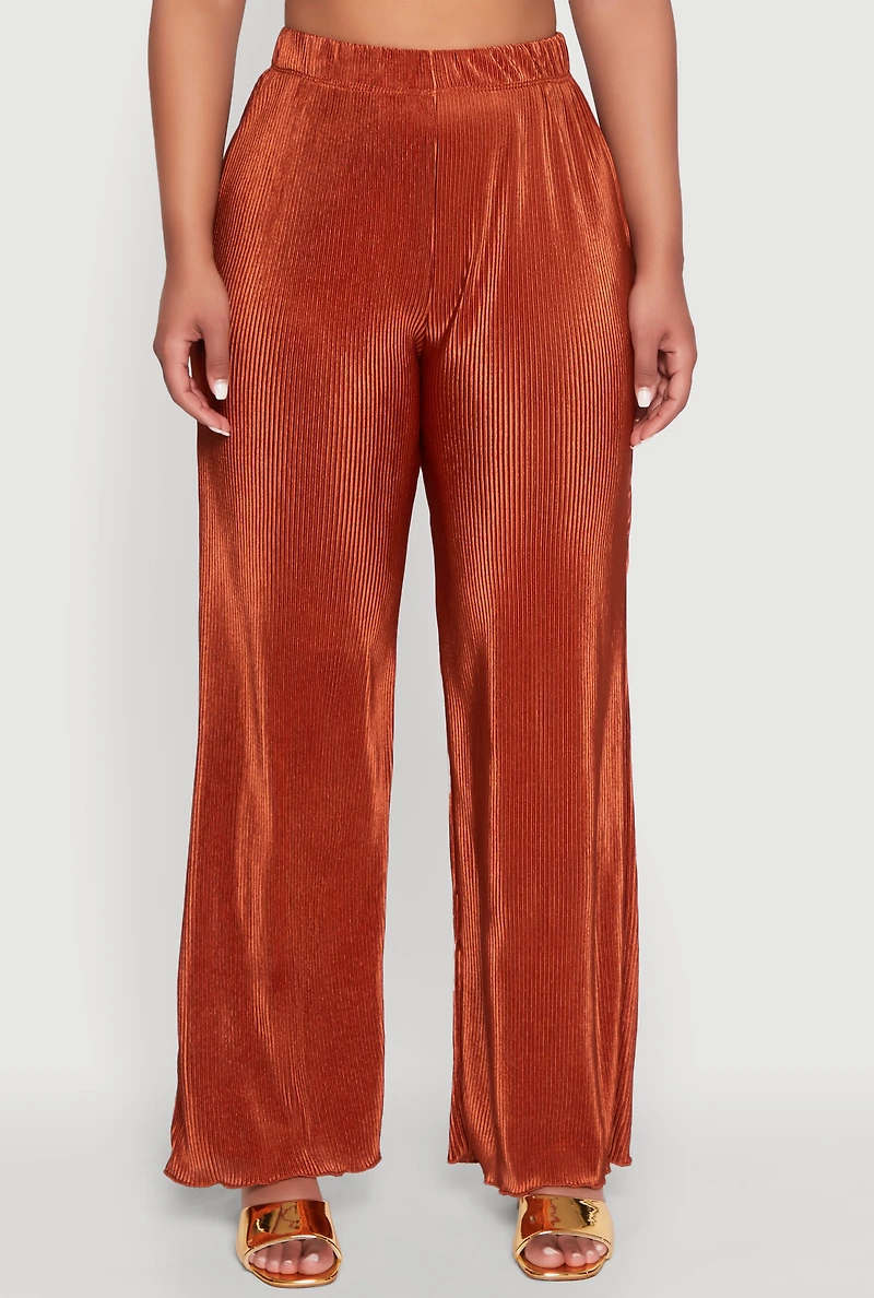 Womens Plisse Wide Leg Pants, Orange, Size L