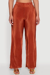 Womens Plisse Wide Leg Pants, Orange, Size L