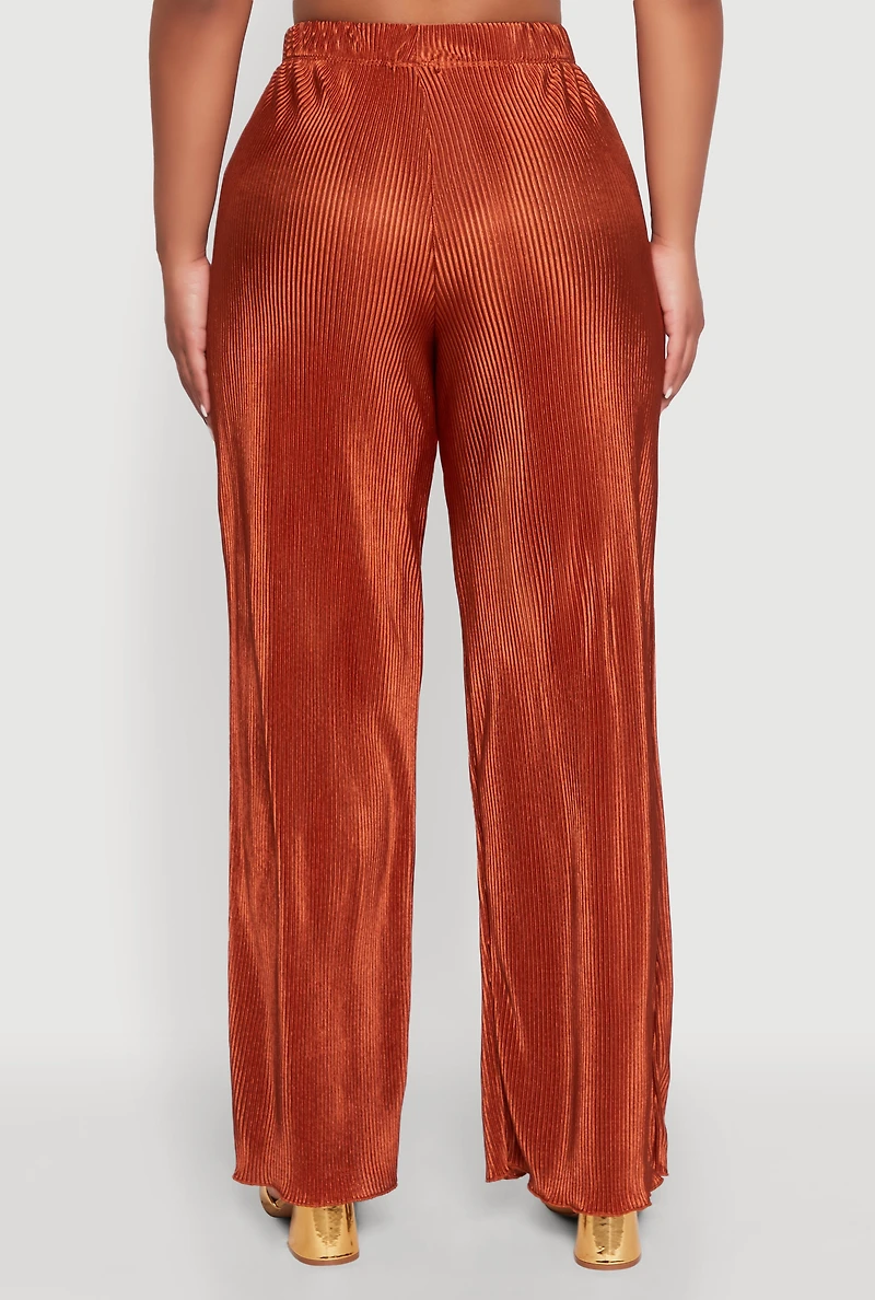 Womens Plisse Wide Leg Pants, Orange, Size L