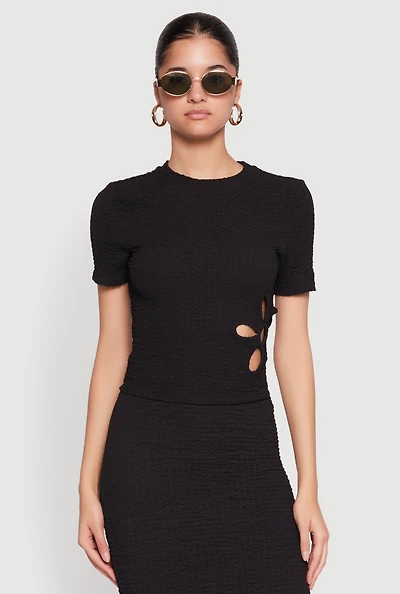 Womens Flower Cut Out Textured Knit Top,