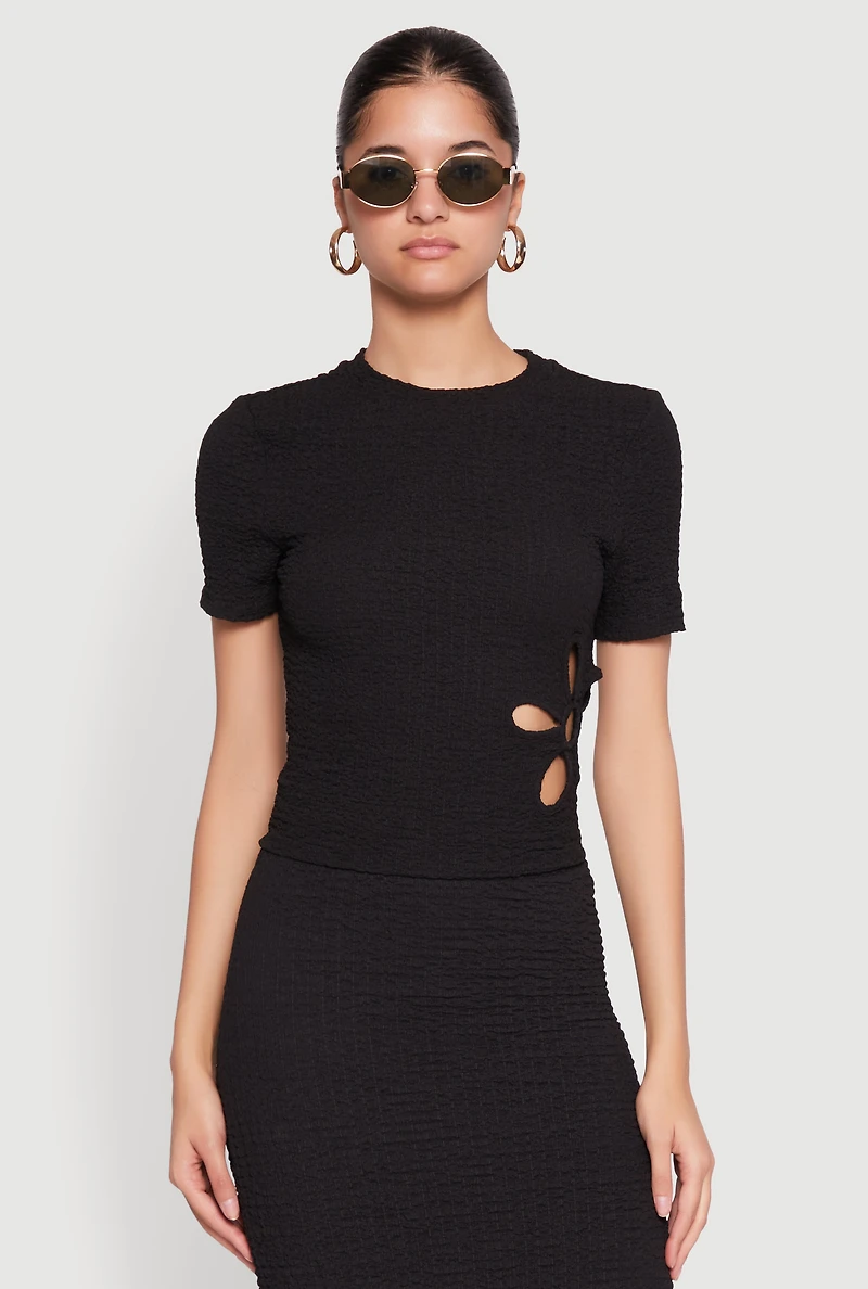 Womens Flower Cut Out Textured Knit Top,