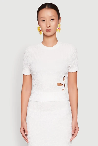 Womens Flower Cut Out Textured Knit Top, White, Size L