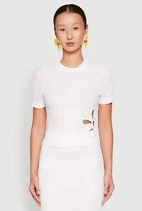 Womens Flower Cut Out Textured Knit Top, White, Size L