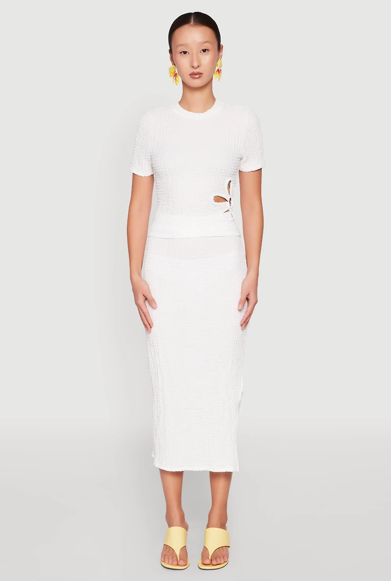Womens Flower Cut Out Textured Knit Top, White, Size L