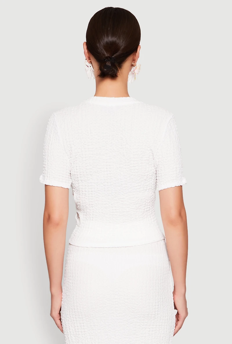 Womens Flower Cut Out Textured Knit Top, White, Size L