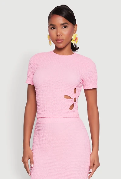 Womens Flower Cut Out Textured Knit Top,