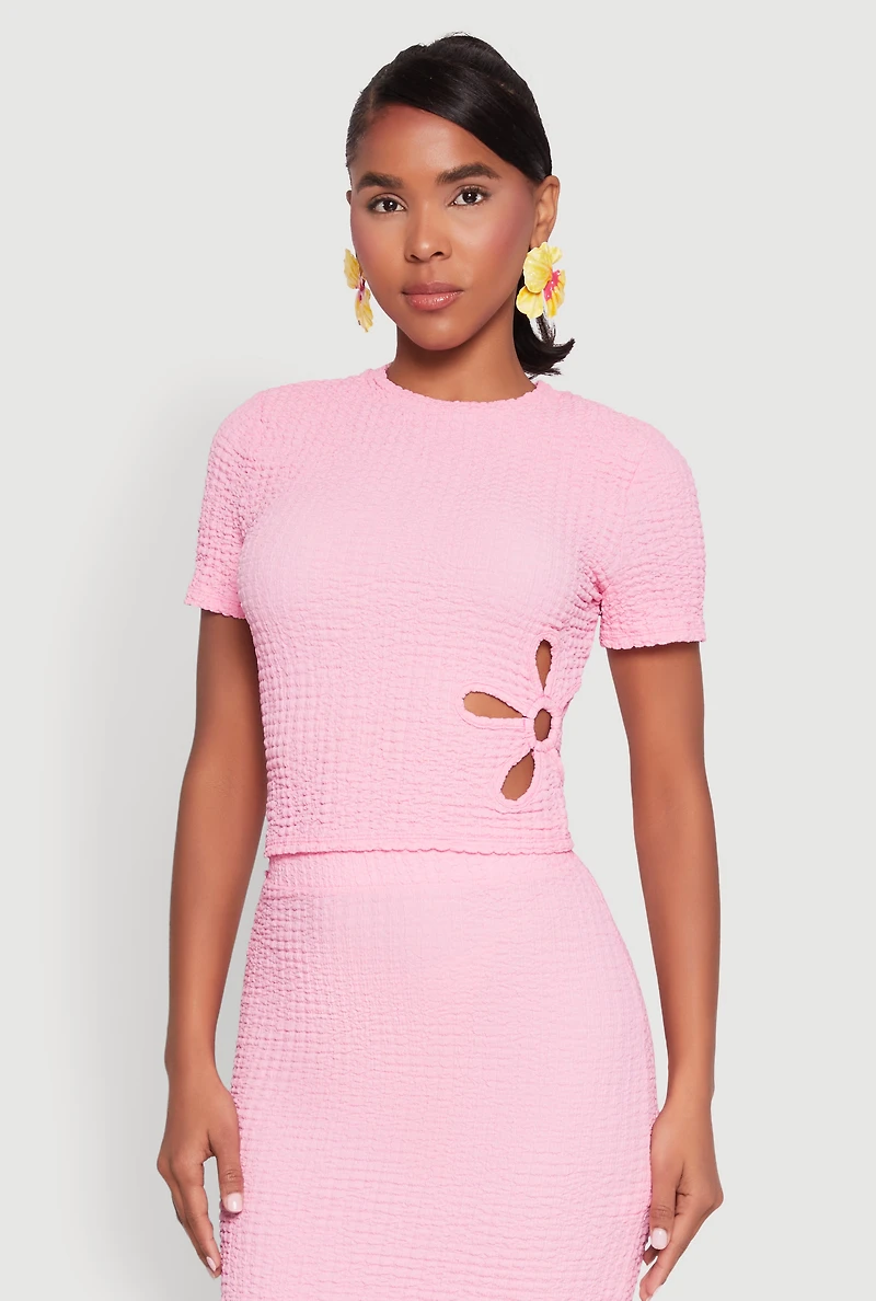 Womens Flower Cut Out Textured Knit Top,