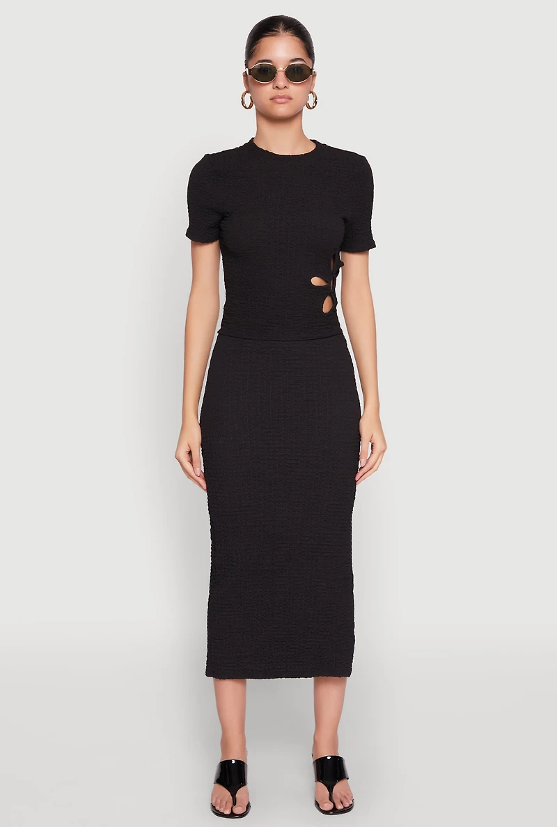 Womens Textured Knit Side Slit Midi Skirt, Black, Size S