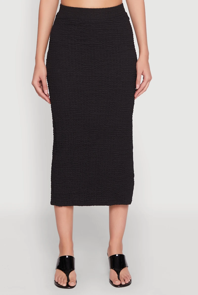 Womens Textured Knit Side Slit Midi Skirt, Black, Size S