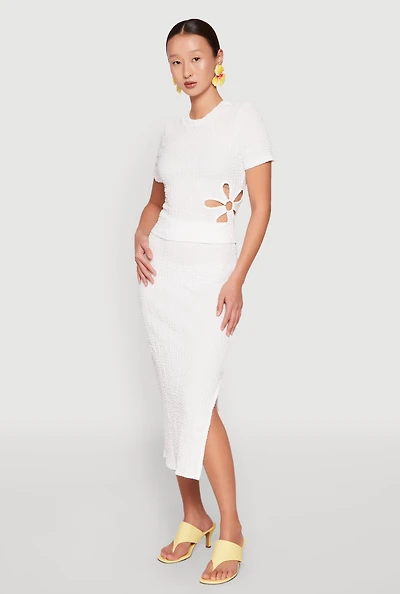 Womens Textured Knit Side Slit Midi Skirt, White, Size L