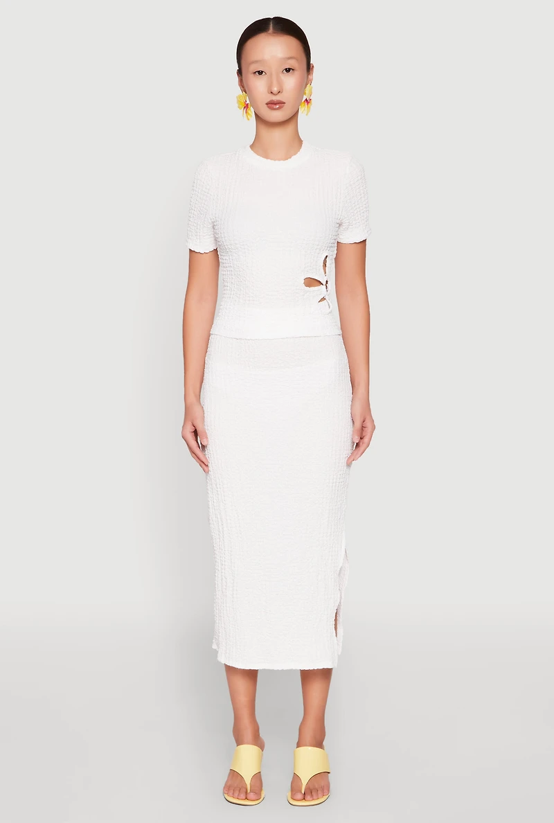 Womens Textured Knit Side Slit Midi Skirt, White, Size M