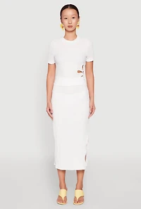 Womens Textured Knit Side Slit Midi Skirt, White, Size M