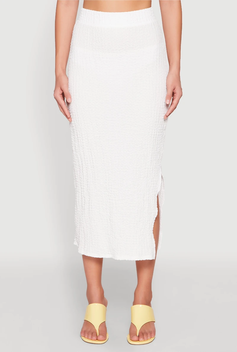 Womens Textured Knit Side Slit Midi Skirt, White, Size XL