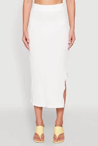 Womens Textured Knit Side Slit Midi Skirt, White, Size L