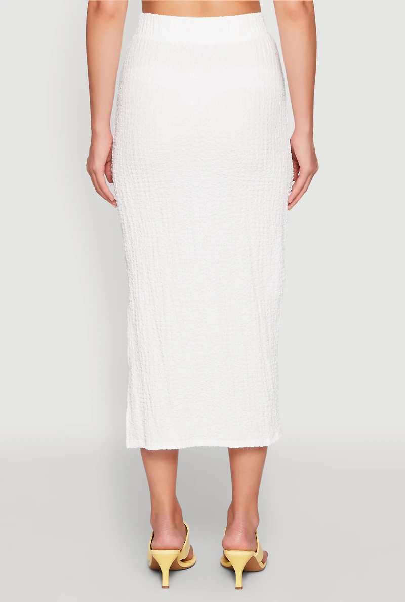 Womens Textured Knit Side Slit Midi Skirt, White, Size M