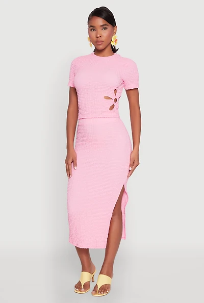 Womens Textured Knit Side Slit Midi Skirt, M