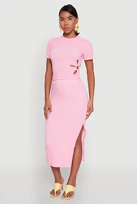 Textured Knit Side Slit Midi Skirt