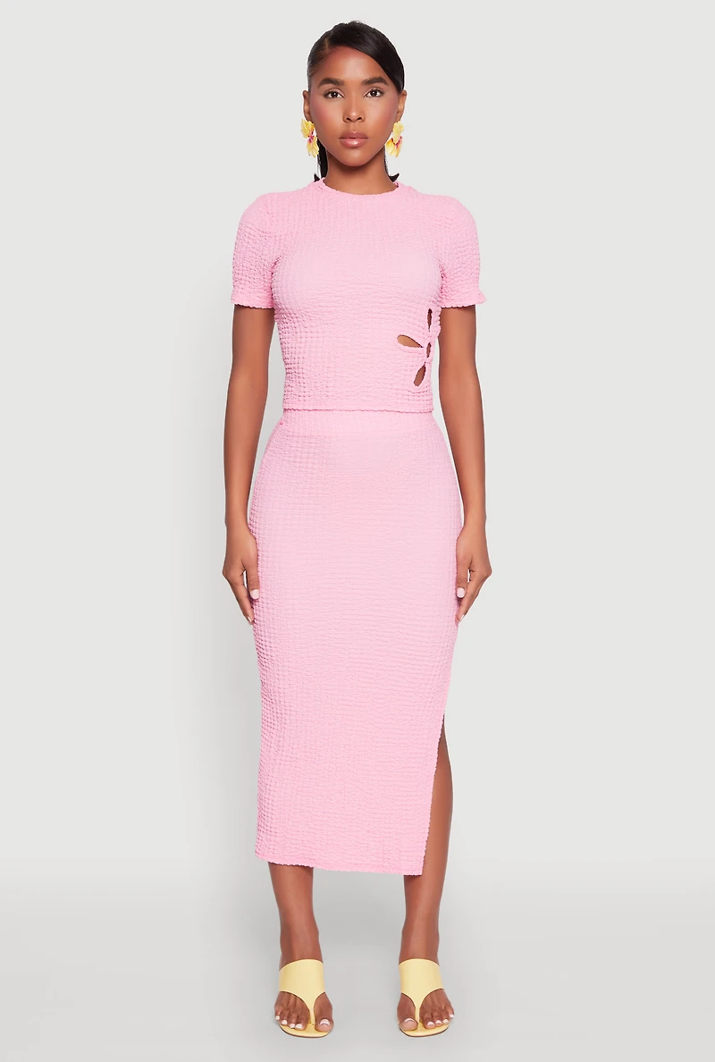 Womens Textured Knit Side Slit Midi Skirt, Pink, Size L