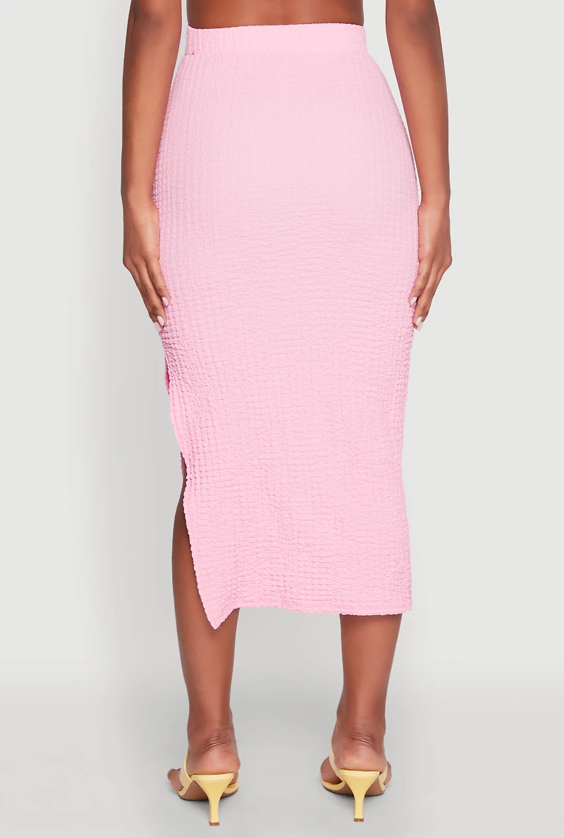 Womens Textured Knit Side Slit Midi Skirt, Pink, Size L