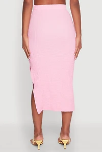 Womens Textured Knit Side Slit Midi Skirt, Pink, Size L